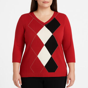 Liz Claiborne VTG Red Black White Argyle VNeck 34 Sleeve‎ Sweater Womens XL